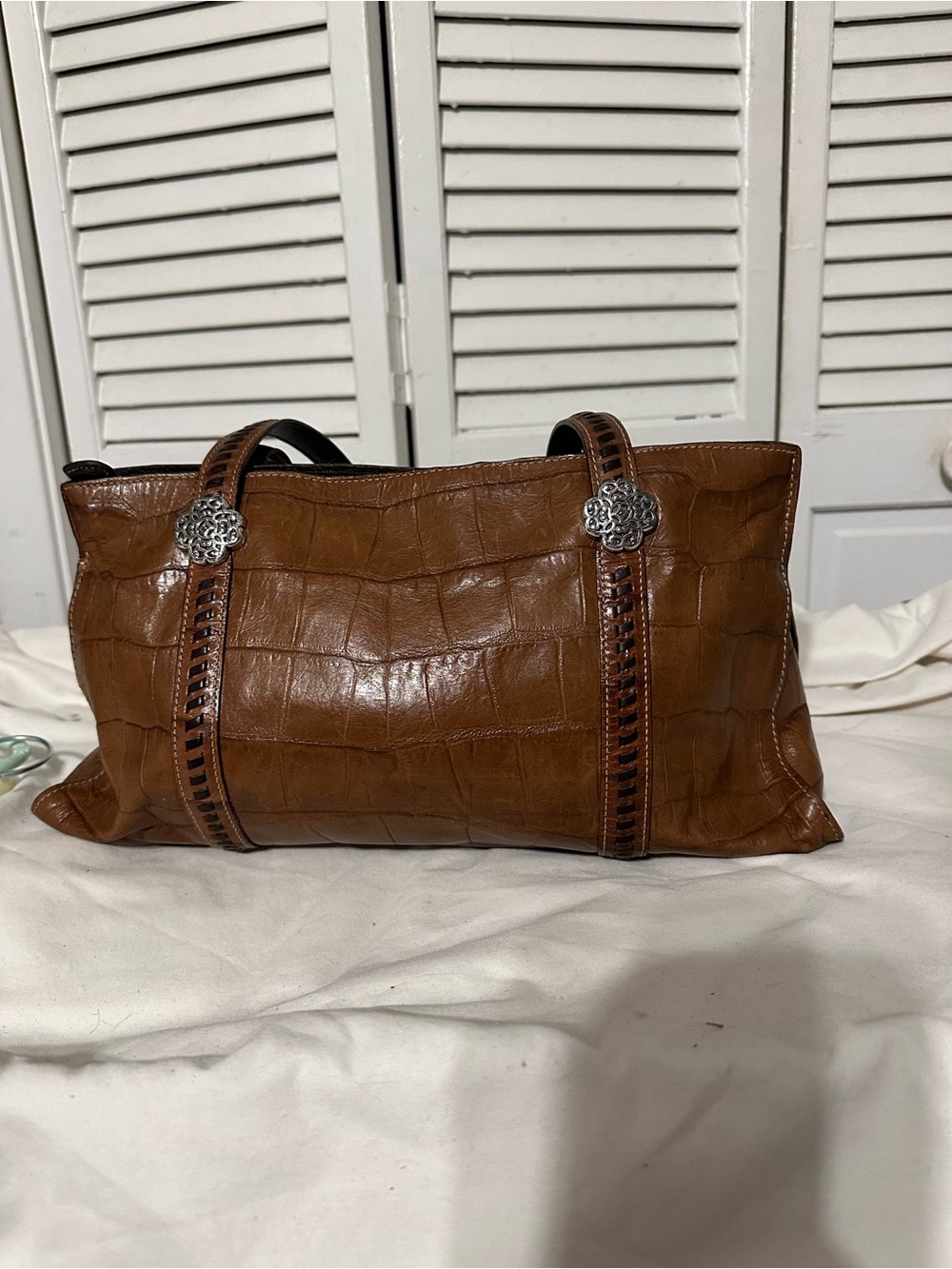 Brighton Tan Croc-Embossed Leather Shoulder Bag with Silver Medallions